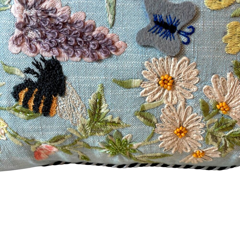 NEW Mackenzie-Childs Floral & Bee Throw Pillow 18x18 Embroidered Spring Decor - Picture 7 of 13